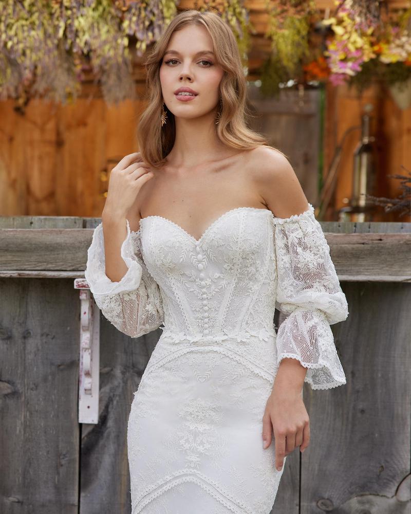 Lp2227 strapless boho wedding dress with lace and sheath silhouette3